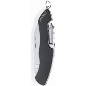 A sleek black and silver multi-tool with a keychain loop, featuring various tools and a compact design.