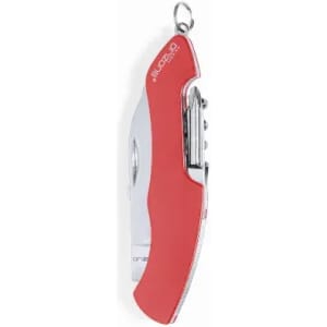 A red and silver multifunctional tool with a keyring attachment and several features.