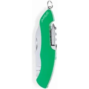 A green and silver utility knife with a blade, featuring a keychain loop.