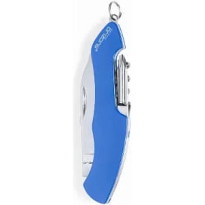 A blue multi-tool with a shiny silver blade and a loop for attachment. It features additional tools on the side.