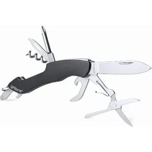 A multi-tool with a black handle features a knife, scissors, corkscrew, and other tools. It has a logo on the handle.