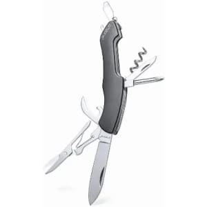 A multi-tool knife with a black handle, featuring various tools including blades, a corkscrew, and pliers.