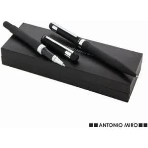 A set of three sleek black pens with silver accents, housed in a stylish black box featuring a logo.