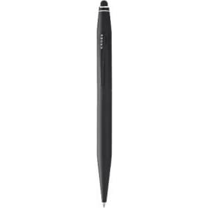 A black multifunction pen with a stylus tip, featuring a sleek design and a branding logo.