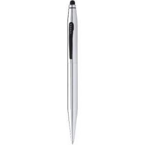 A metallic silver pen with a smooth finish and a black stylus tip, featuring a brand logo on the side.