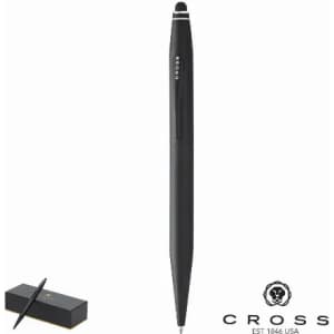A black pen with a sleek design, featuring a stylus tip and a logo. Accompanied by a black box.