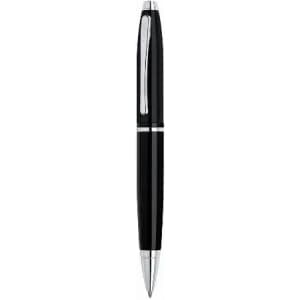 A black pen with silver accents and a sleek design, featuring a clip and a shiny finish.