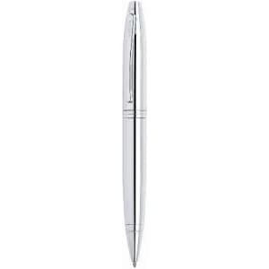 A silver pen with a sleek design, featuring a clip and smooth barrel. It has a branding logo on its side.