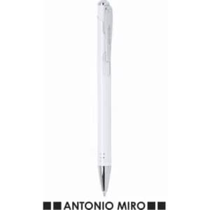 A white pen with a silver clip and a branding logo at the base.