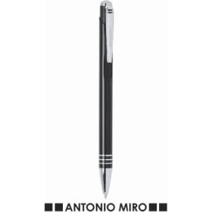 A pen in black with silver accents and a logo. The design features a sleek and modern appearance.