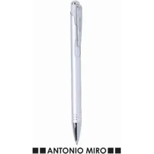 A white pen with a silver clip and a shiny tip, featuring a logo on the body.