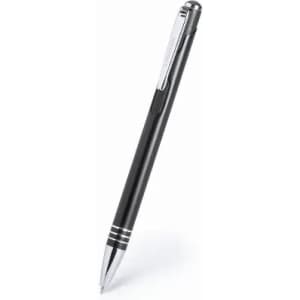 A black pen with a silver clip and decorative stripes along the barrel, standing upright on a white background.