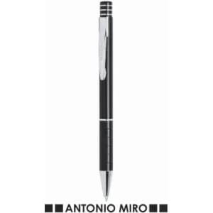 A black pen with a silver clip and accents, featuring a unique design and branding.