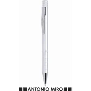 A silver ballpoint pen with a sleek design and a clip, featuring a logo.
