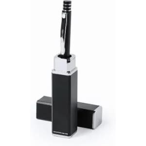 A pen holder in a black and silver design, featuring a stylish pen inserted at the top.