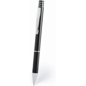 A black pen with a silver clip and accents, featuring a smooth design and a retractable tip.