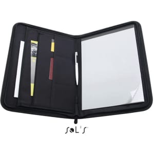 A black microfibre A4 conference folder featuring compartments, a pen, and an included notepad.