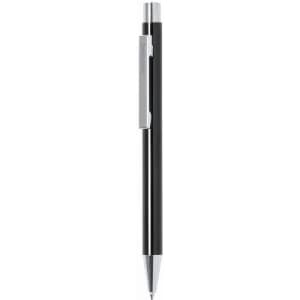 A black pen with a silver clip and a sleek design, featuring a polished metal tip.