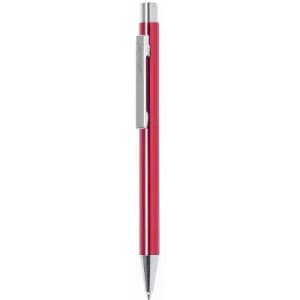 A red ballpoint pen with a silver clip, featuring a sleek and modern design.
