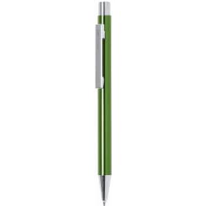 A green pen with a silver clip and a sleek design, featuring a smooth point for writing.