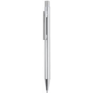 A silver pen with a smooth finish and a clip on one side, featuring a retractable point.