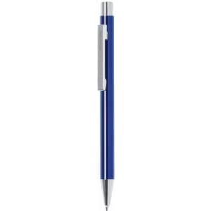 A blue pen with a silver clip and detailing, featuring a simple, sleek design.