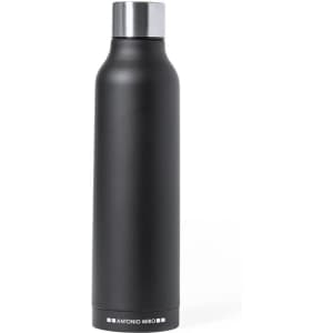 A drink bottle in matte black with a silver cap and a branding logo at the base.