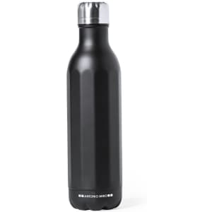 A drink bottle in matte black with a metallic silver cap, featuring a distinct ribbed design and a logo at the base.