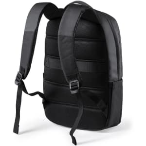 A black backpack with padded straps and a textured back, featuring multiple vented sections for breathability.