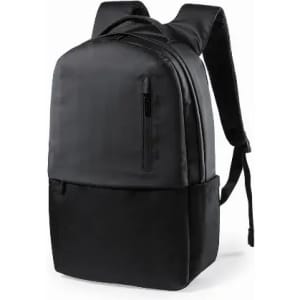 A black backpack with a minimalist design, featuring a front zip pocket and adjustable straps.
