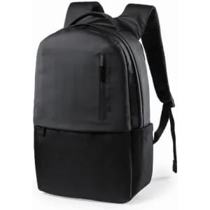 A black backpack with a sleek design, featuring a front zip pocket and padded shoulder straps. It has a logo on it.