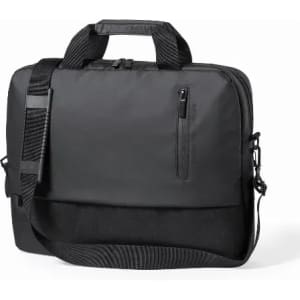 A black laptop bag featuring a shoulder strap, top handle, and an exterior zip pocket.