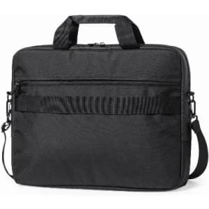 A black laptop bag with a top handle, adjustable shoulder strap, and front zip pocket. It features a logo on the side.
