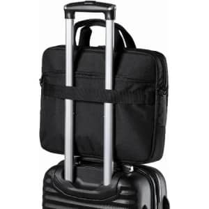 A black laptop bag with a strap, sitting on top of a black wheeled suitcase, featuring telescopic handles.
