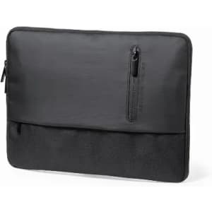 A black laptop sleeve featuring a zippered pocket and a smooth exterior. The material has a sleek finish.