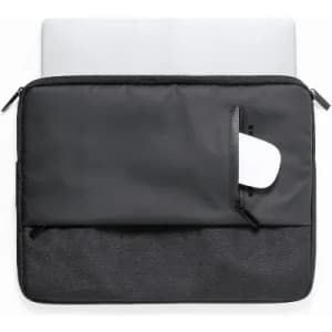 A laptop sleeve in black with a front pocket and zippers, designed for protection and storage.