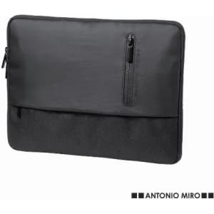 A sleek black laptop bag featuring a zippered pocket and a smooth exterior, with branding on the side.