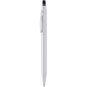 A silver pen with a sleek design, featuring a clip and a black top. The pen has a simple, modern look.