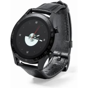 A black wristwatch with a round face and leather strap displays minimalistic clock hands and a simple dial design.