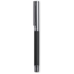 A black pen with a chrome clip, featuring a sleek design and a round tip. It has a branding logo on the barrel.