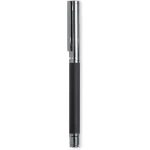 A pen with a sleek black body and chrome accents, featuring a clip and a smooth finish.