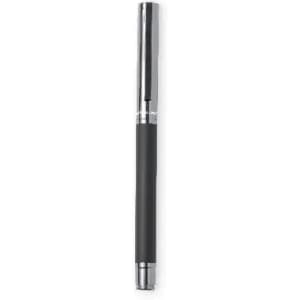 A black pen with a chrome cap and trim, featuring a sleek design and smooth grip. There is a logo on the pen.