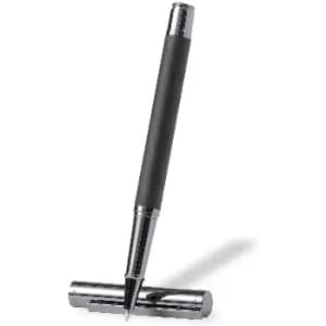 A pen with a black barrel and chrome accents, positioned vertically over its chrome cap.