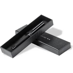 A sleek black pen in a black box with a textured design, partially open to reveal the pen inside.