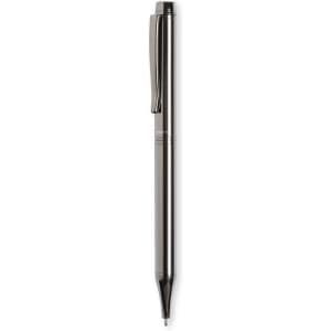 A black pen with a sleek metallic finish and a clip for easy attachment. It has a minimalist design.