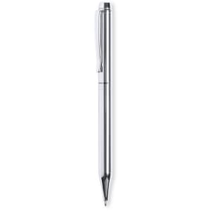 A silver pen with a sleek design and a clip, featuring a smooth finish and a pointed tip.