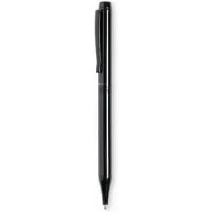 A black retractable ballpoint pen with a sleek design and a clip. It features a glossy finish.