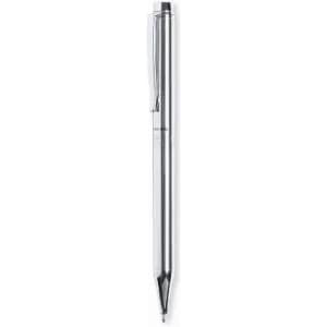 A silver ballpoint pen with a clip, featuring a sleek and minimalist design.