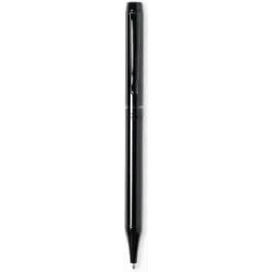 A black pen with a glossy finish and a removable cap. It features a logo on the barrel.