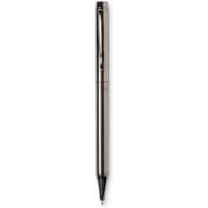 A sleek, silver pen with a smooth surface and capped tip, featuring branding on the body.